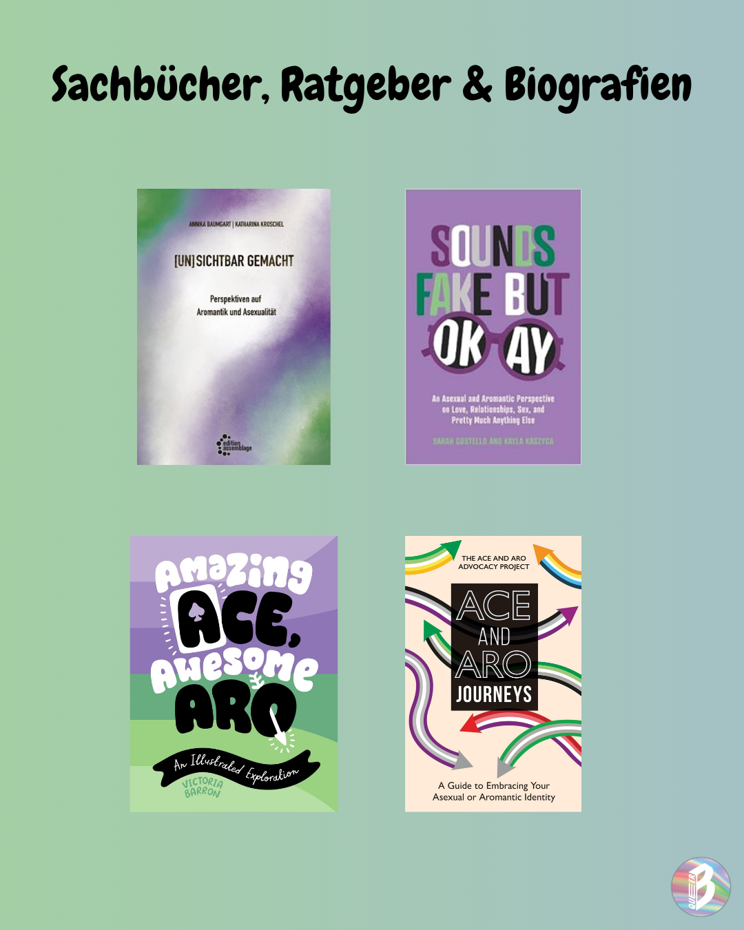Collage aus vier Buchcovern: The Ace and Aro Relationship Guide: Making It Work in Friendship, Love, and Sex; LiebesMacht: Über Freund*innenschaft, Aromantik und die Dekonstruktion von romantischen Beziehungen; Hopeless Aromantic. An Affirmative Guide to Aromanticism; Aus dem Off. Asexualität, Aromantik und die Sache mit dem Glück