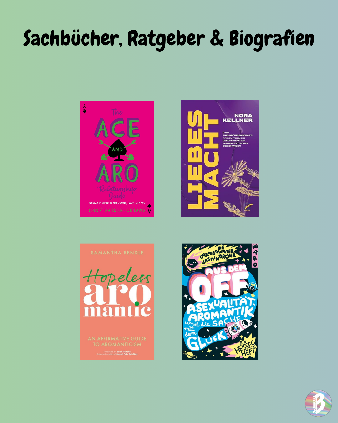 Collage aus vier Buchcovern: (Un)sichtbar gemacht. Perspektiven auf Aromantik und Asexualität; Sounds Fake But Okay: An Asexual and Aromantic Perspective on Love, Relationships, Sex, and Pretty Much Anything Else; Amazing Ace, Awesome Aro: An Illustrated Exploration; Ace and Aro Journeys