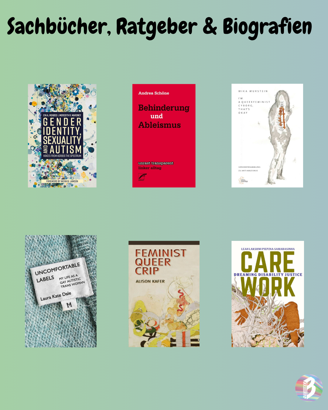 Collage aus sechs Buchcovern: Gender Identity, Sexuality and Autism; Behinderung und Ableismus; I'm a Queerfeminist Cyborg, that's Okay; Feminist Queer Crip; Care Work
